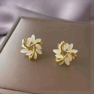 Gold White Opal Earrings